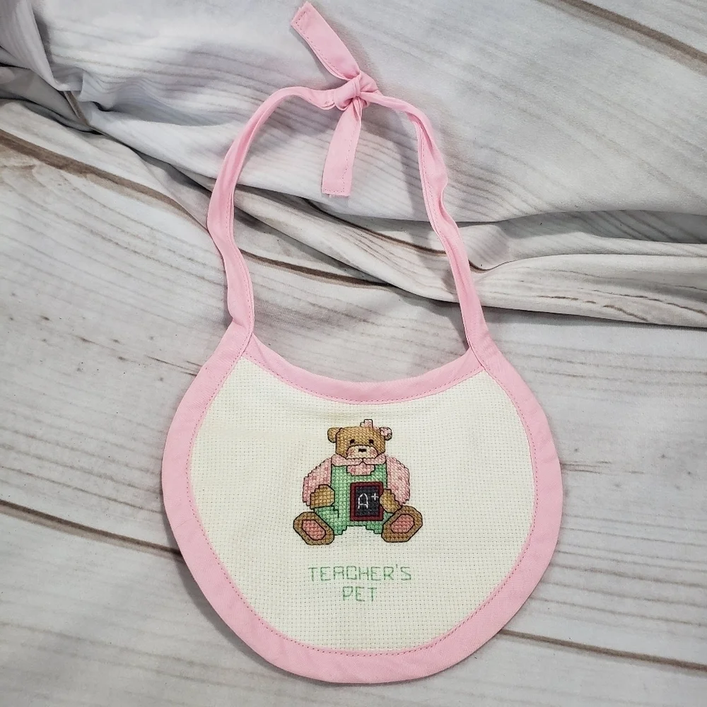 Handmade Cross Stitch Baby Bib Teddy Bear Teacher's Pet With Squeaker Terrycloth